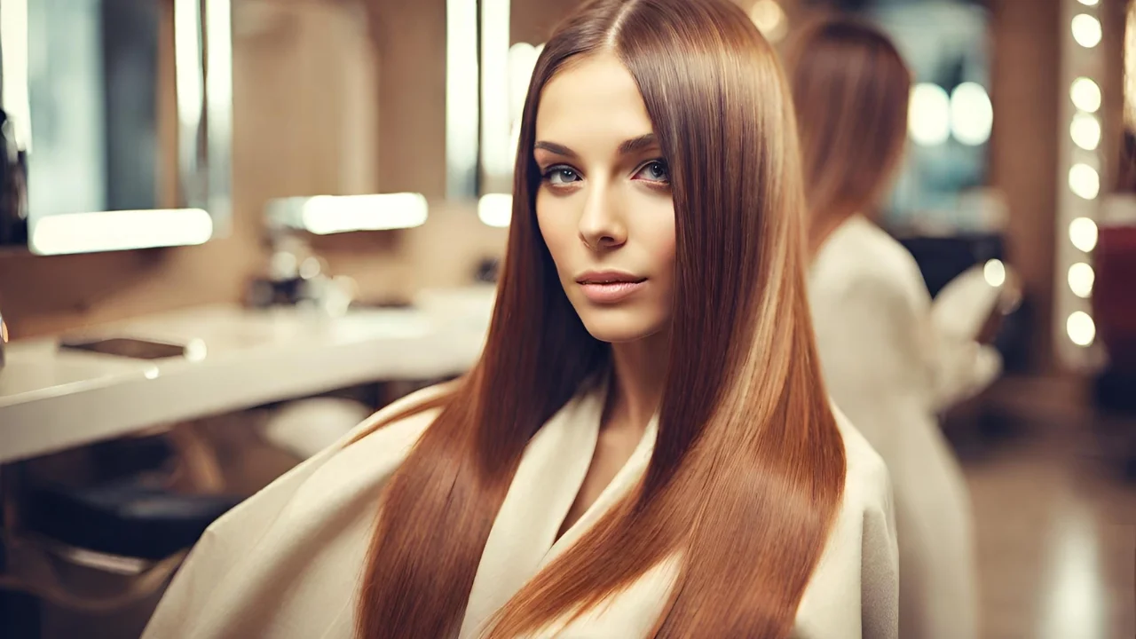 Foto einer Frau asiatischer Abstammung mit langem Haar in einem modernen Friseursalon. Sie ist gerade dabei, eine Keratin-Behandlung zu erhalten, während eine Friseurin aufmerksam an ihrem Haar arbeitet. Die Umgebung ist in einem warmen Ton gehalten, mit sanftem bernsteinfarbenem Licht und schickem Holzmobiliar.